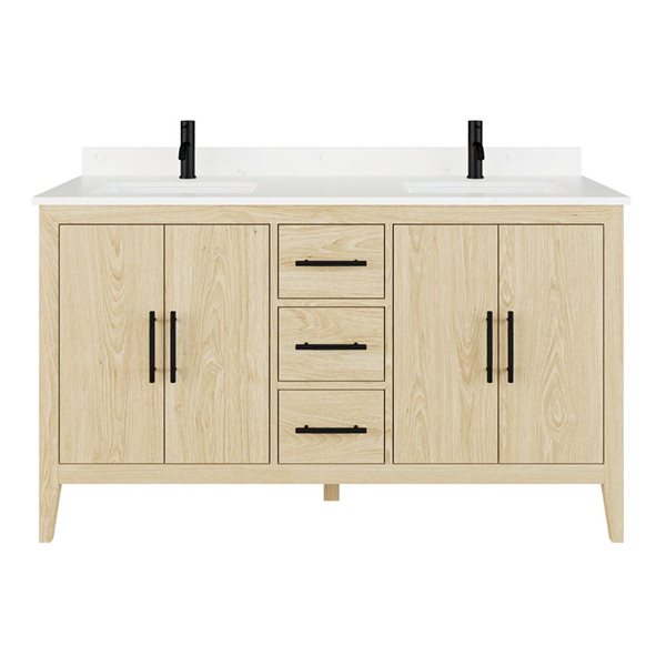 Spa Bathe Vance 60-in White Oak Double Vanity w/ Power Bar and Drawer Organizer