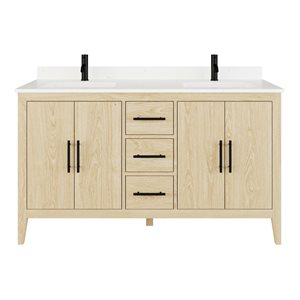 Meuble-lavabo double chêne blanc Vance par Spa Bathe 60 po avec barre d'alimentation et organisateur de tiroirs