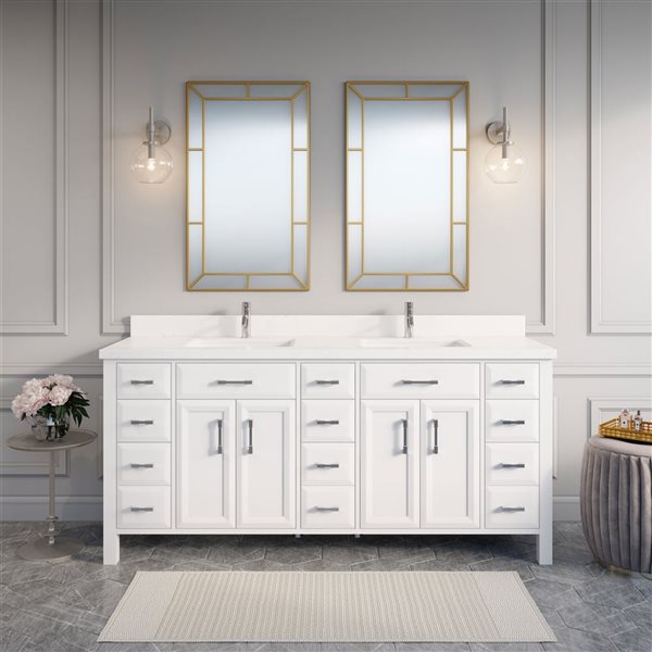 Spa Bathe Calumet 75-in White Double Sink Freestanding Vanity w/ White with Gray Specks Engineered Stone Top