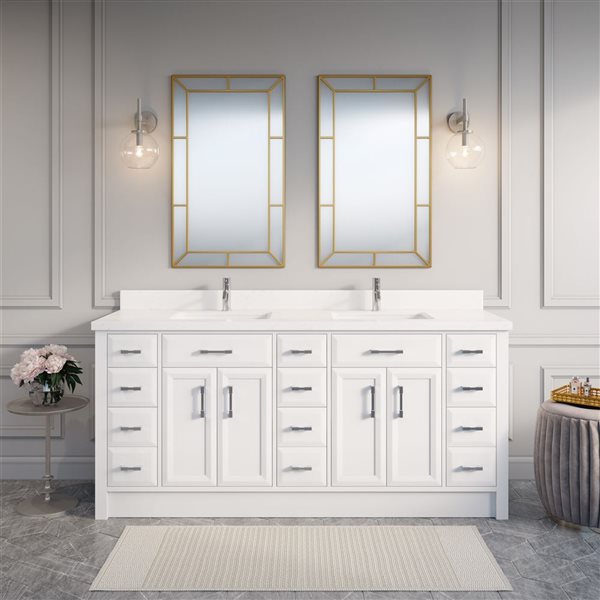 Spa Bathe Calumet 75-in White Double Sink Freestanding Vanity w/ White with Gray Specks Engineered Stone Top