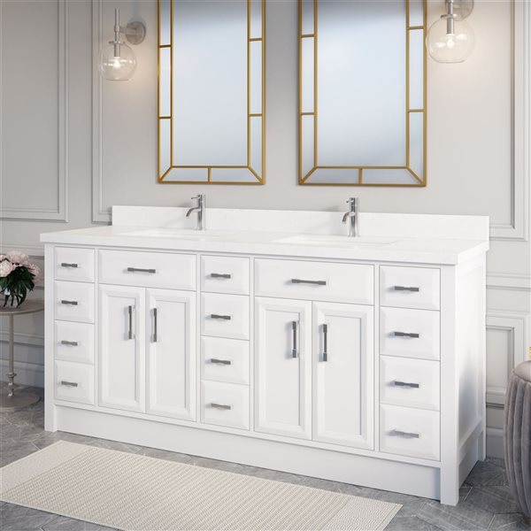 Spa Bathe Calumet 75-in White Double Sink Freestanding Vanity w/ White with Gray Specks Engineered Stone Top