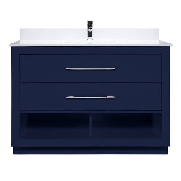 Meuble-lavabo simple autoportant bleu Riley par Spa Bathe 48 po avec barre d'alimentation et organisateur de tiroirs