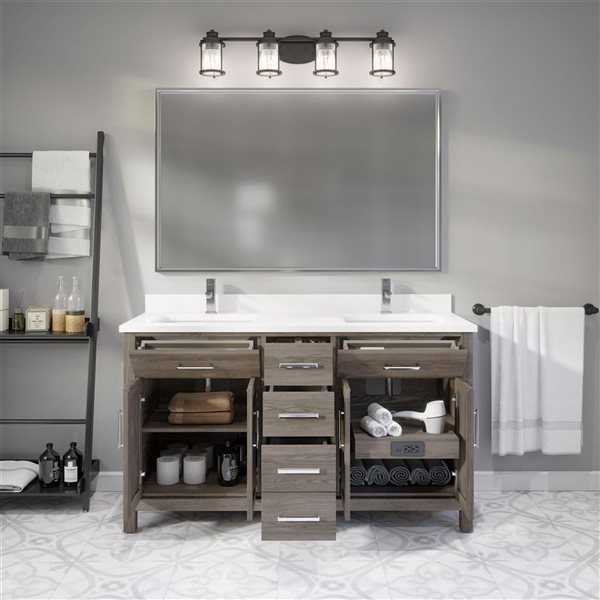 Spa Bathe Kate 60-in Gray Double Sink Freestanding  Vanity w/ Power Bar and Drawer Organizer