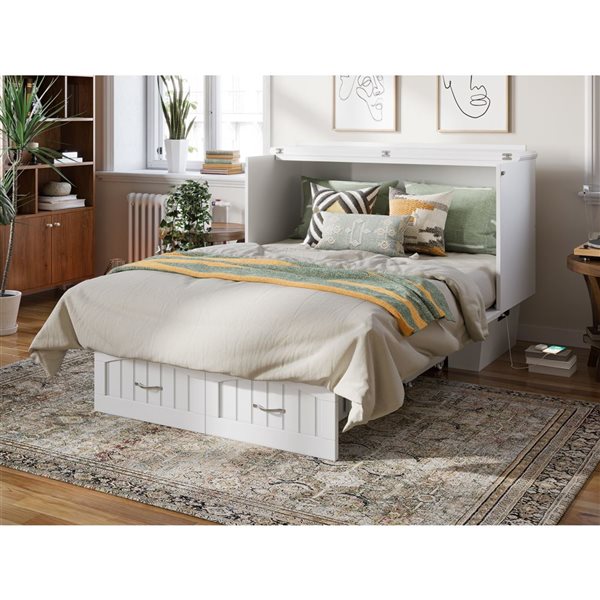 AFI Nantucket Full-Size Murphy Bed Chest with Mattress, Storage and Built-in Charger in White