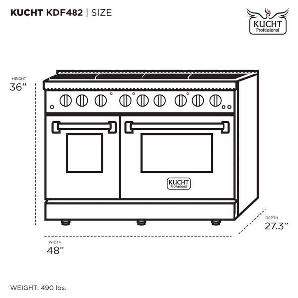 Cuisinière autoportante bi-combustible à 8 brûleurs KUCHT pour gaz naturel, 48 po, 6,7 pi³, portes de four rouges