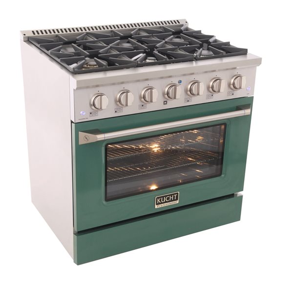 Cuisinière autoportante biénergie propane et convection KUCHT à 6 brûleurs, 36 po, 5,2 pi³ , vert