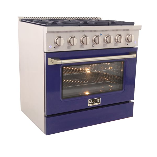 Cuisinière autoportante biénergie propane et électrique KUCHT à 6 brûleurs, 36 po, 5,2 pi³ avec four à convection, bleu