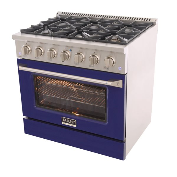 Cuisinière autoportante biénergie propane et électrique KUCHT à 6 brûleurs, 36 po, 5,2 pi³ avec four à convection, bleu