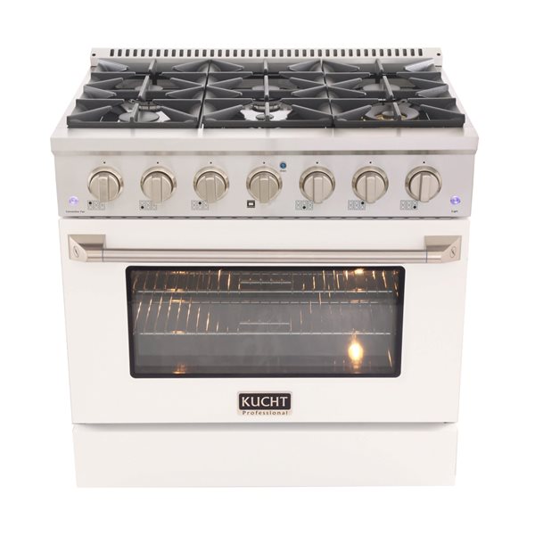 Cuisinière autoportante biénergie propane et électrique KUCHT à 6 brûleurs, 36 po, 5,2 pi³ avec four à convection, blanc