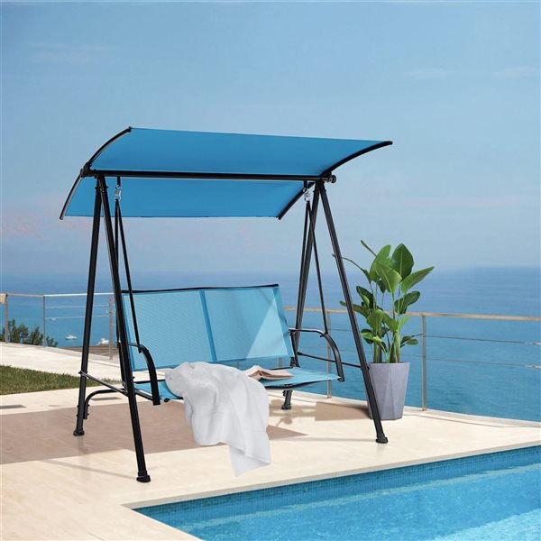 Costway 2-Seat Patio Swing with Dark Blue Adjustable Canopy