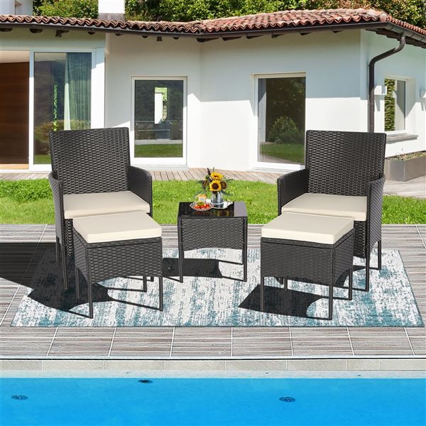 Costway 5-Piece Patio Rattan Armrest Chair and Side Table w/ Beige Cushion