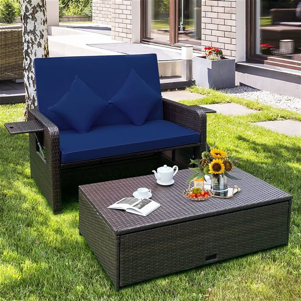 Costway Patio Rattan Navy Loveseat Daybed w/Storage