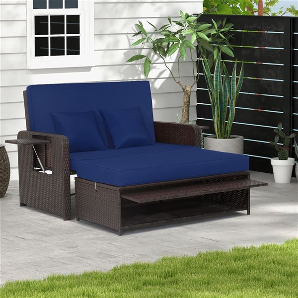 Costway Patio Rattan Navy Loveseat Daybed w/Storage