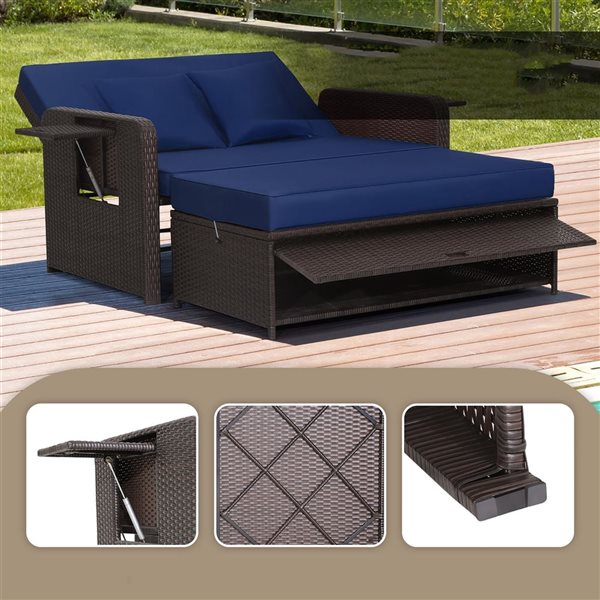 Costway Patio Rattan Navy Loveseat Daybed w/Storage