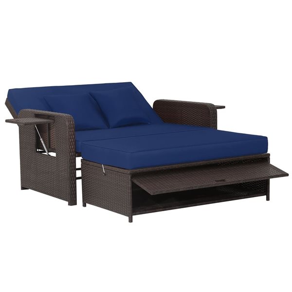 Costway Patio Rattan Navy Loveseat Daybed w/Storage