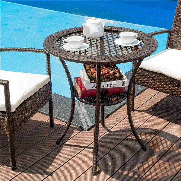 Costway 26-in Round Glass Top Brown Rattan Coffee Table w/Lower Shelf