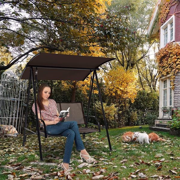 Costway 2-Seat Patio Swing with Dark Brown Adjustable Canopy