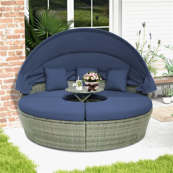 Costway Rattan Navy Sectional Seating Daybed w/ Side Table and Retractable Canopy