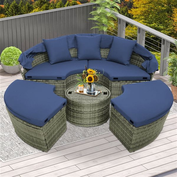 Costway Rattan Navy Sectional Seating Daybed w/ Side Table and Retractable Canopy