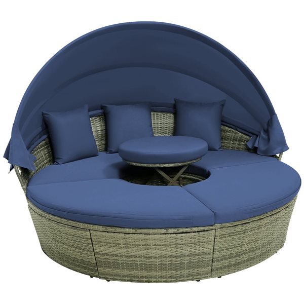 Costway Rattan Navy Sectional Seating Daybed w/ Side Table and Retractable Canopy