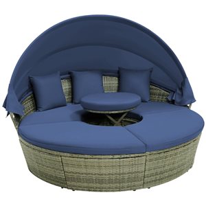 Costway Rattan Navy Sectional Seating Daybed w/ Side Table and Retractable Canopy