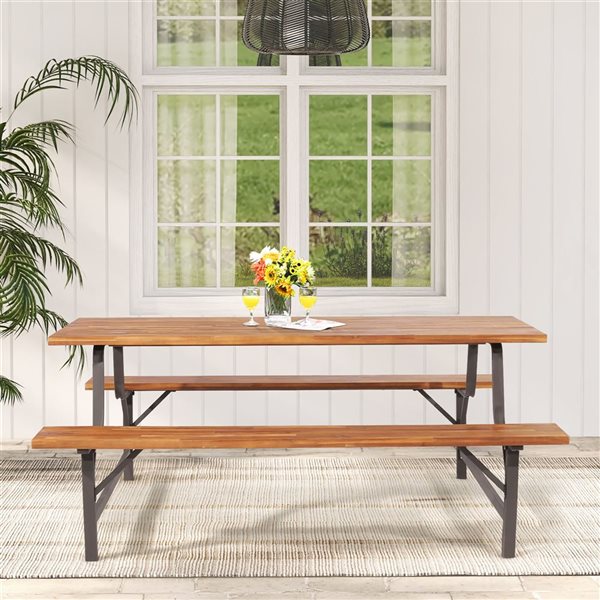 Costway 71-in Acacia Wood Picnic Table Bench Set  w/ 2-in Umbrella Hole