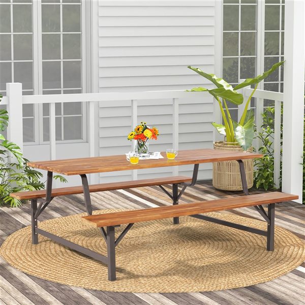 Costway 71-in Acacia Wood Picnic Table Bench Set  w/ 2-in Umbrella Hole