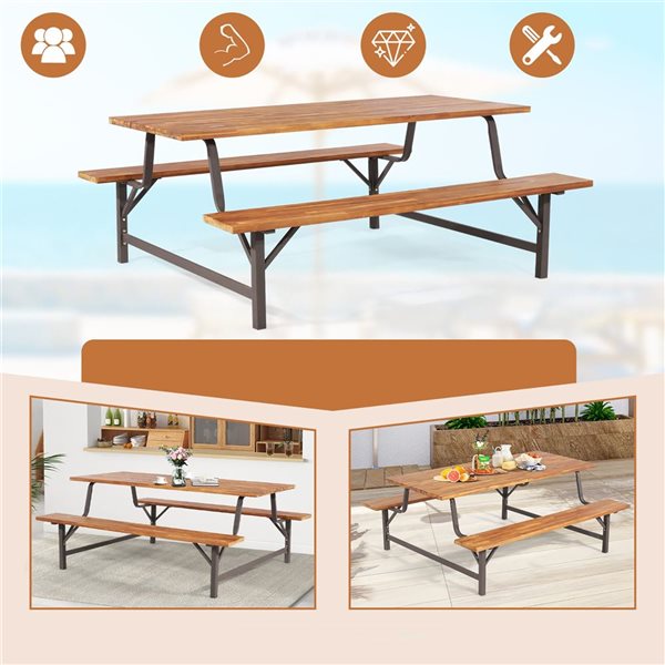 Costway 71-in Acacia Wood Picnic Table Bench Set  w/ 2-in Umbrella Hole