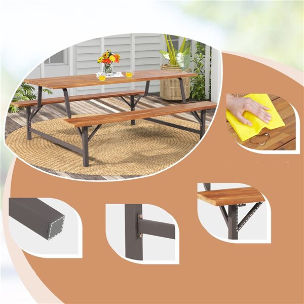 Costway 71-in Acacia Wood Picnic Table Bench Set  w/ 2-in Umbrella Hole