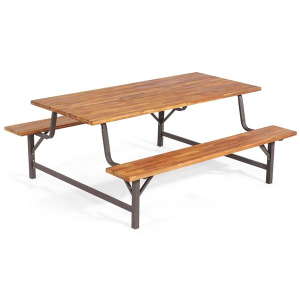 Costway 71-in Acacia Wood Picnic Table Bench Set  w/ 2-in Umbrella Hole