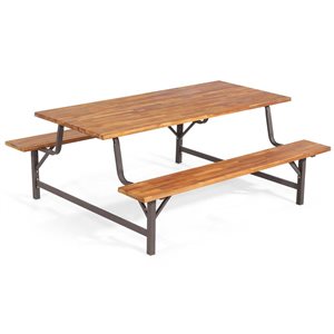 Costway 71-in Acacia Wood Picnic Table Bench Set  w/ 2-in Umbrella Hole