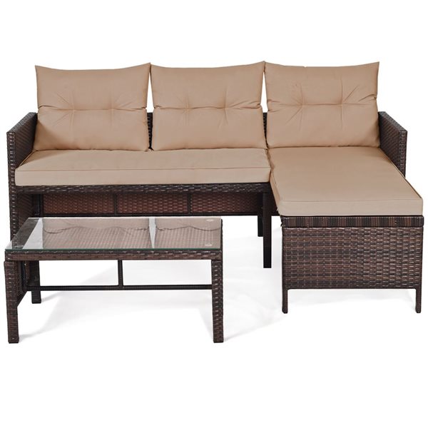 Costway 3-Piece Outdoor Rattan Beige Sofa Lounge Chaise w/Table