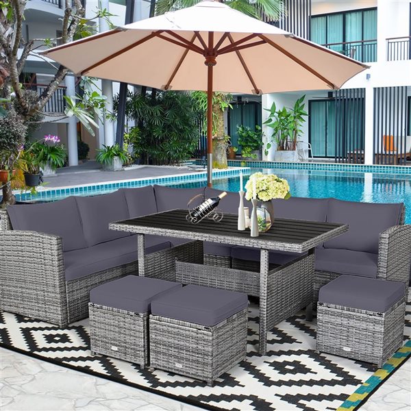 Costway 7-Piece Gray Patio Rattan Sectional Sofa Set w/ Table and Ottoman