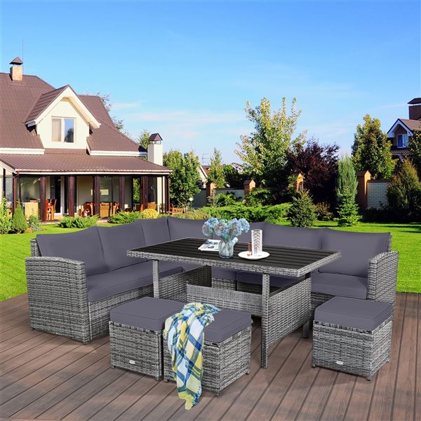 Costway 7-Piece Gray Patio Rattan Sectional Sofa Set w/ Table and Ottoman