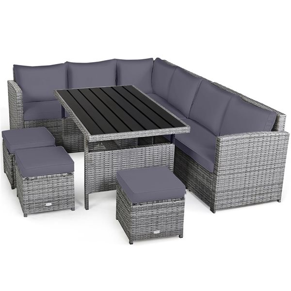Costway 7-Piece Gray Patio Rattan Sectional Sofa Set w/ Table and Ottoman