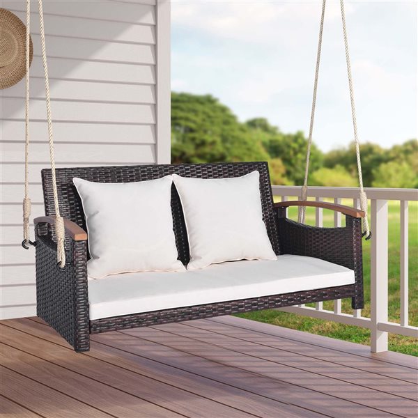 Costway 40-in x 18-in 2-Seater Rattan Hanging Porch Swing w/Off-white Cushion