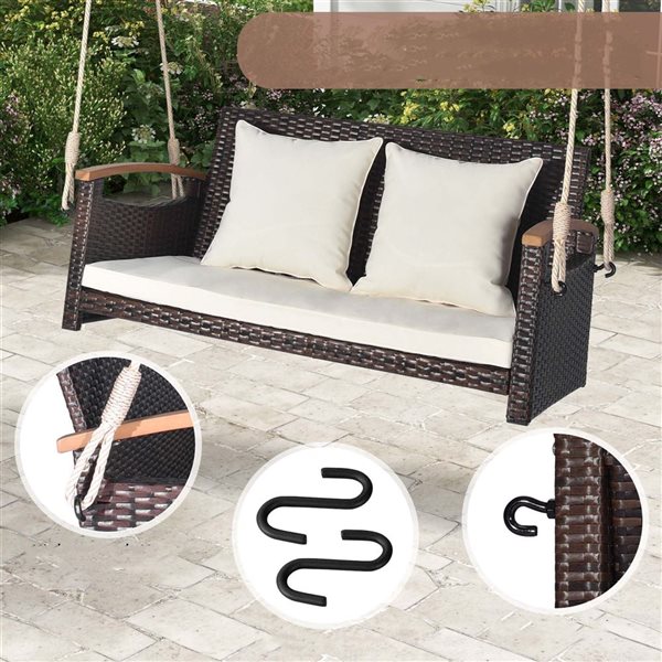 Costway 40-in x 18-in 2-Seater Rattan Hanging Porch Swing w/Off-white Cushion