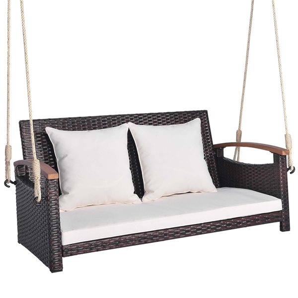 Costway 40-in x 18-in 2-Seater Rattan Hanging Porch Swing w/Off-white Cushion