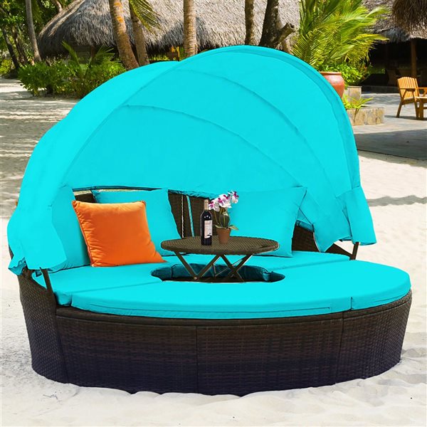 Costway Turquoise Navy Sectional Seating Daybed w/ Side Table and Retractable Canopy