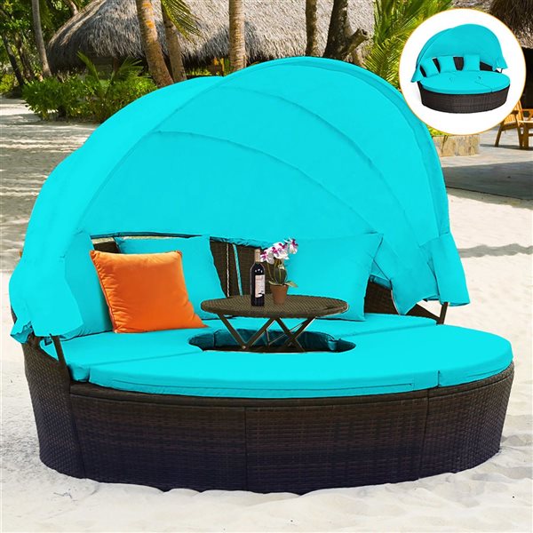 Costway Turquoise Navy Sectional Seating Daybed w/ Side Table and Retractable Canopy