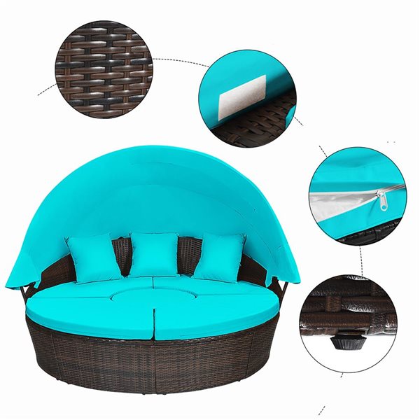 Costway Turquoise Navy Sectional Seating Daybed w/ Side Table and Retractable Canopy