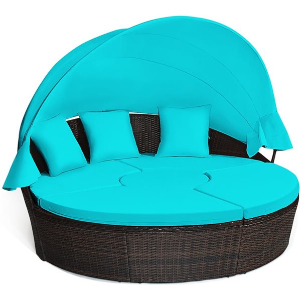 Costway Turquoise Navy Sectional Seating Daybed w/ Side Table and Retractable Canopy