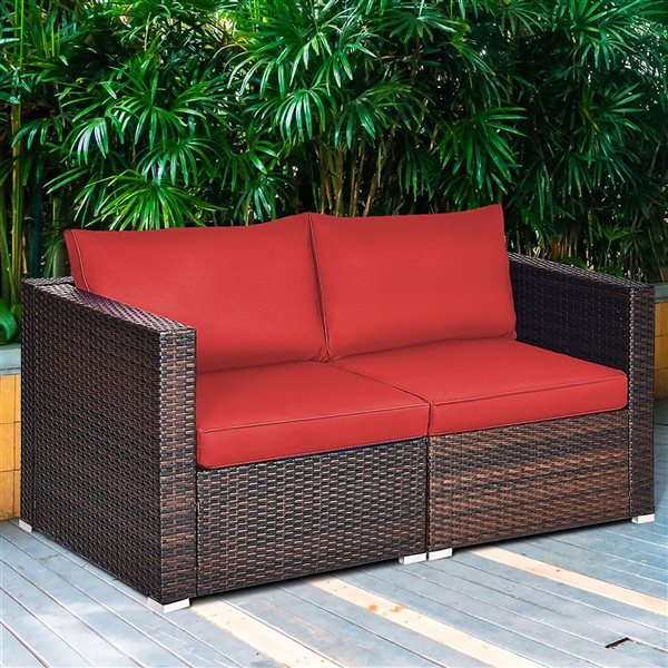 Costway 4-Piece Patio Rattan Corner Sectional Sofa Set w/ Red Cushion