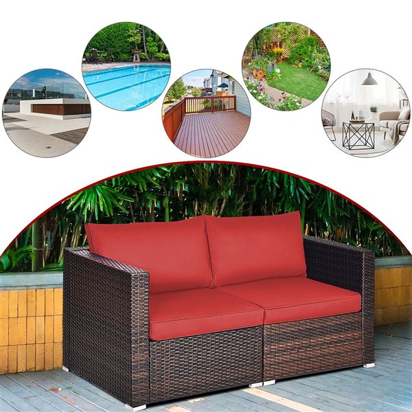 Costway 4-Piece Patio Rattan Corner Sectional Sofa Set w/ Red Cushion