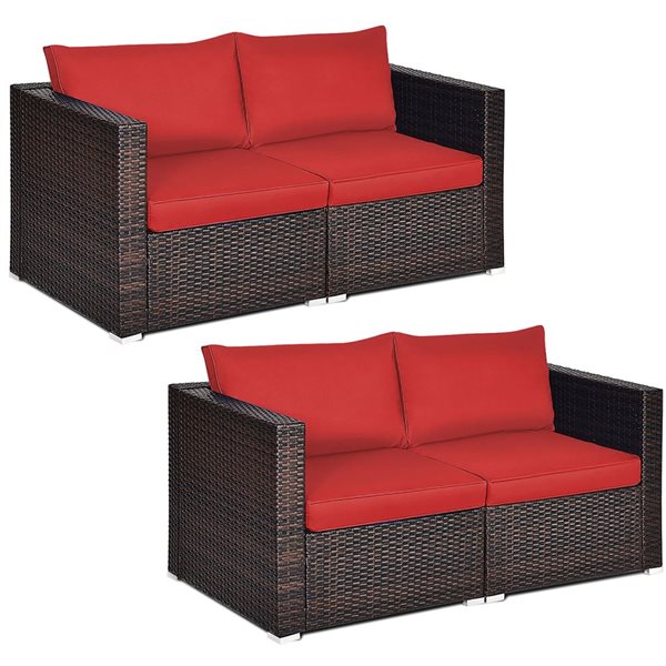 Costway 4-Piece Patio Rattan Corner Sectional Sofa Set w/ Red Cushion