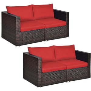 Costway 4-Piece Patio Rattan Corner Sectional Sofa Set w/ Red Cushion