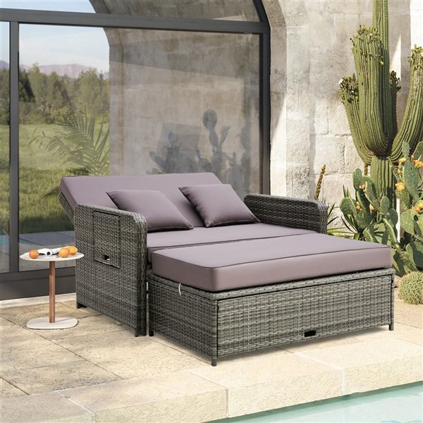 Costway Patio Rattan Loveseat Daybed w/ Storage and Gray Cushion