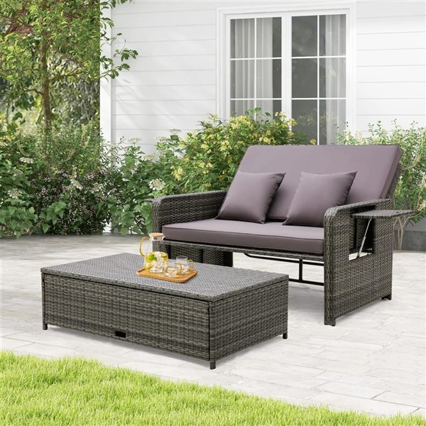 Costway Patio Rattan Loveseat Daybed w/ Storage and Gray Cushion