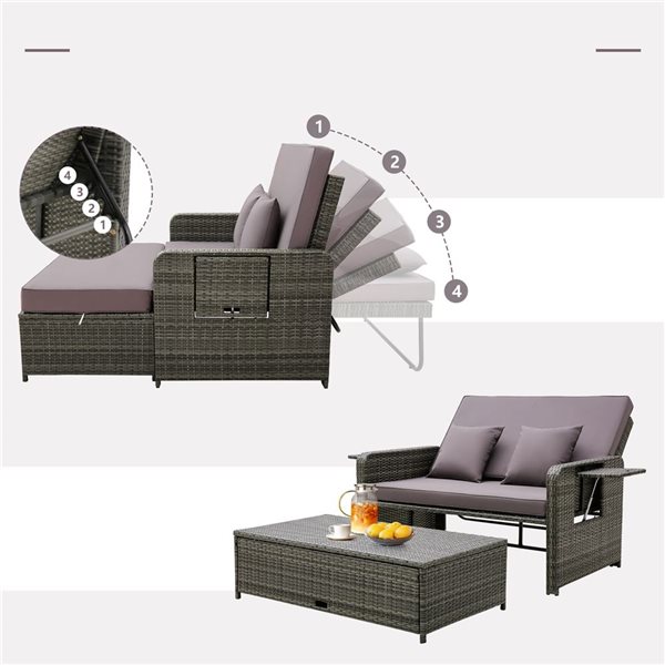 Costway Patio Rattan Loveseat Daybed w/ Storage and Gray Cushion