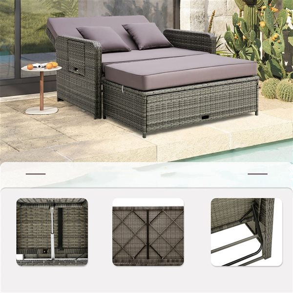 Costway Patio Rattan Loveseat Daybed w/ Storage and Gray Cushion